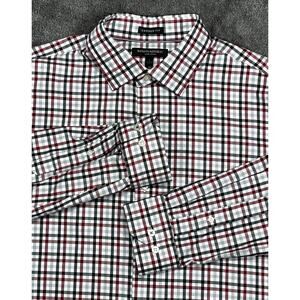 Banana Republic Men L Camden Fit Non-Iron Red Gray Black Herringbone Plaid Shirt
